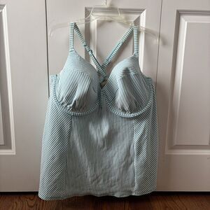 LANE BRYANT CACIQUE SWIM Aqua STRIPE SEERSUCKER UNDERWIRE TANKINI TOP SZ 46DD
